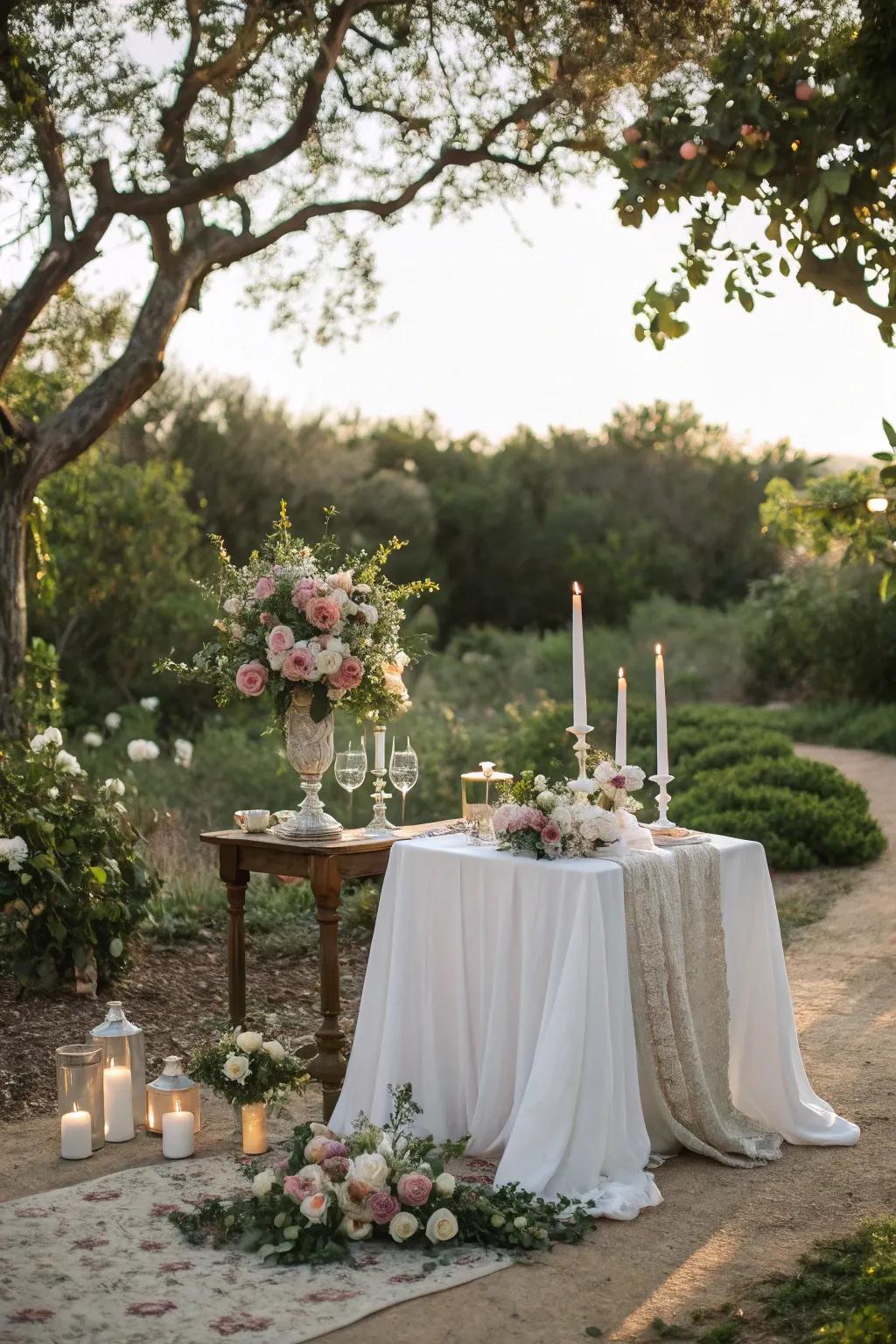 An al fresco garden scenery elevates the charm of this unity candle table.