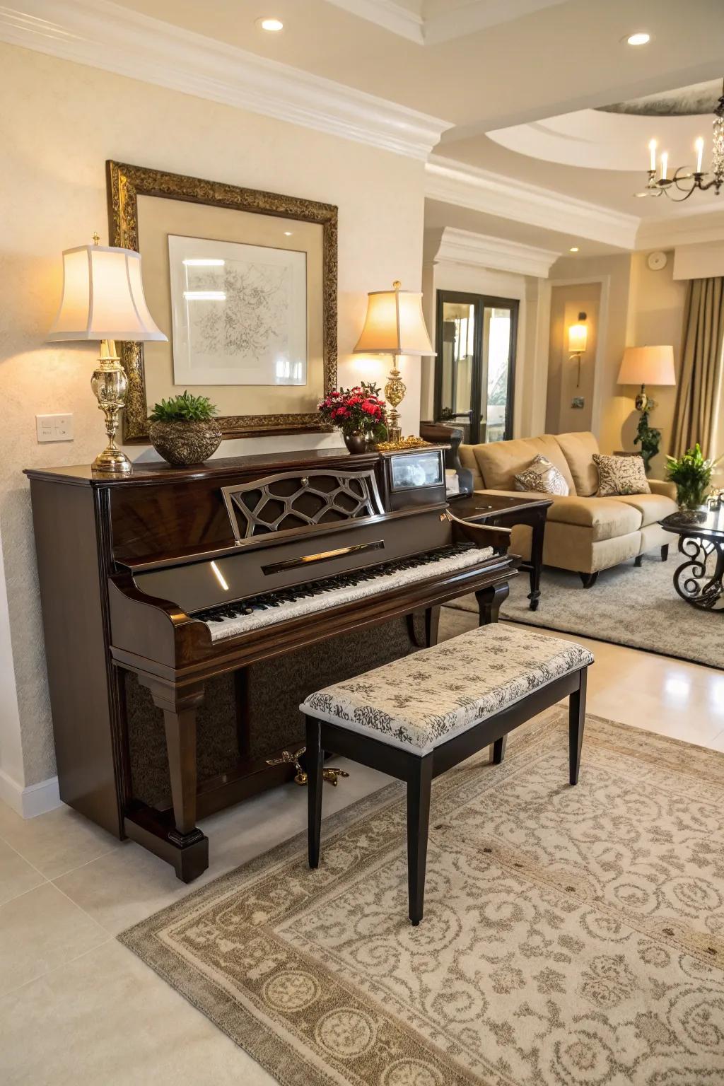 A harmonized living area featuring an upright piano and a coordinating stylish bench.