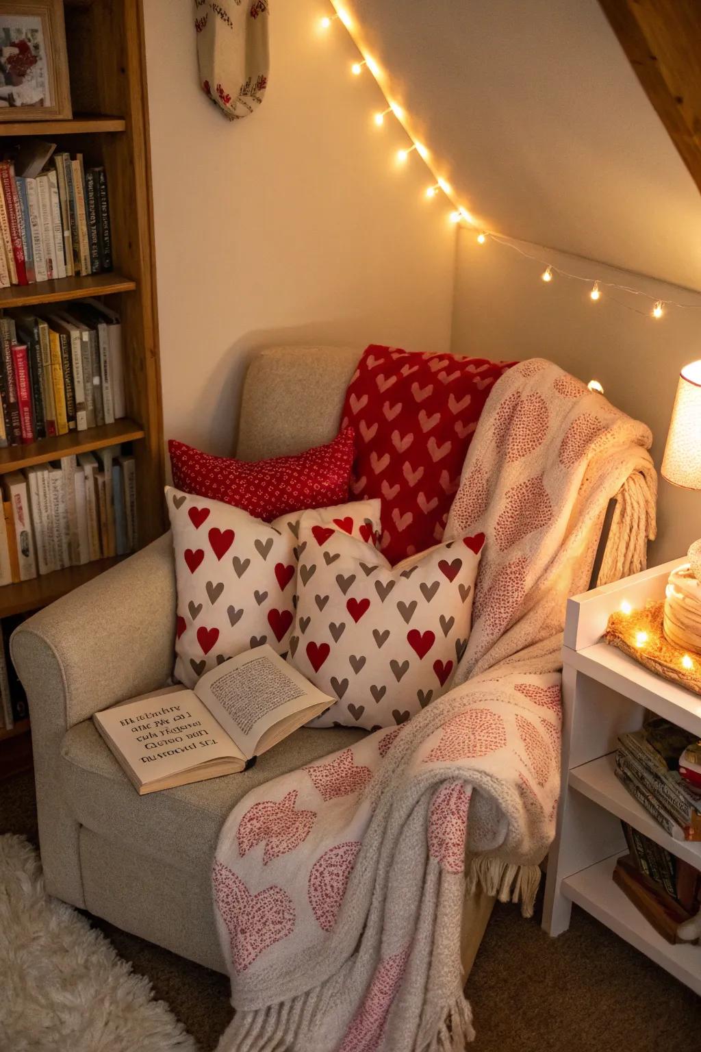 A cozy reading spot highlighted with Valentine's details