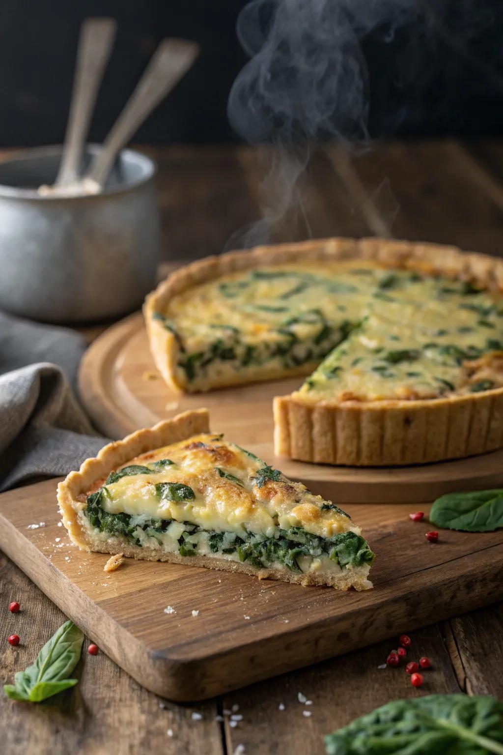 A tasty spinach and cheese quiche, ideal for brunch.