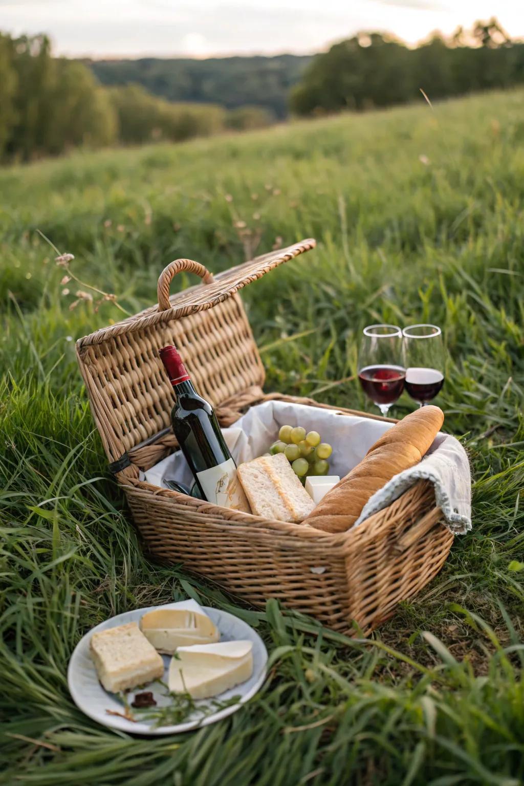 A romantic outdoor basket ready for an outdoor trip.