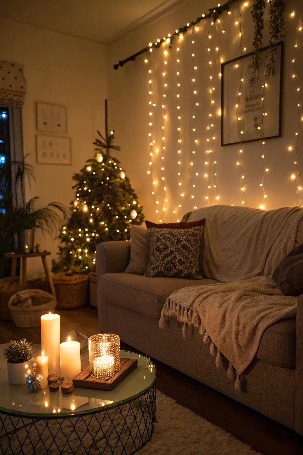 Craft an intimate environment with twinkling lights and candles.