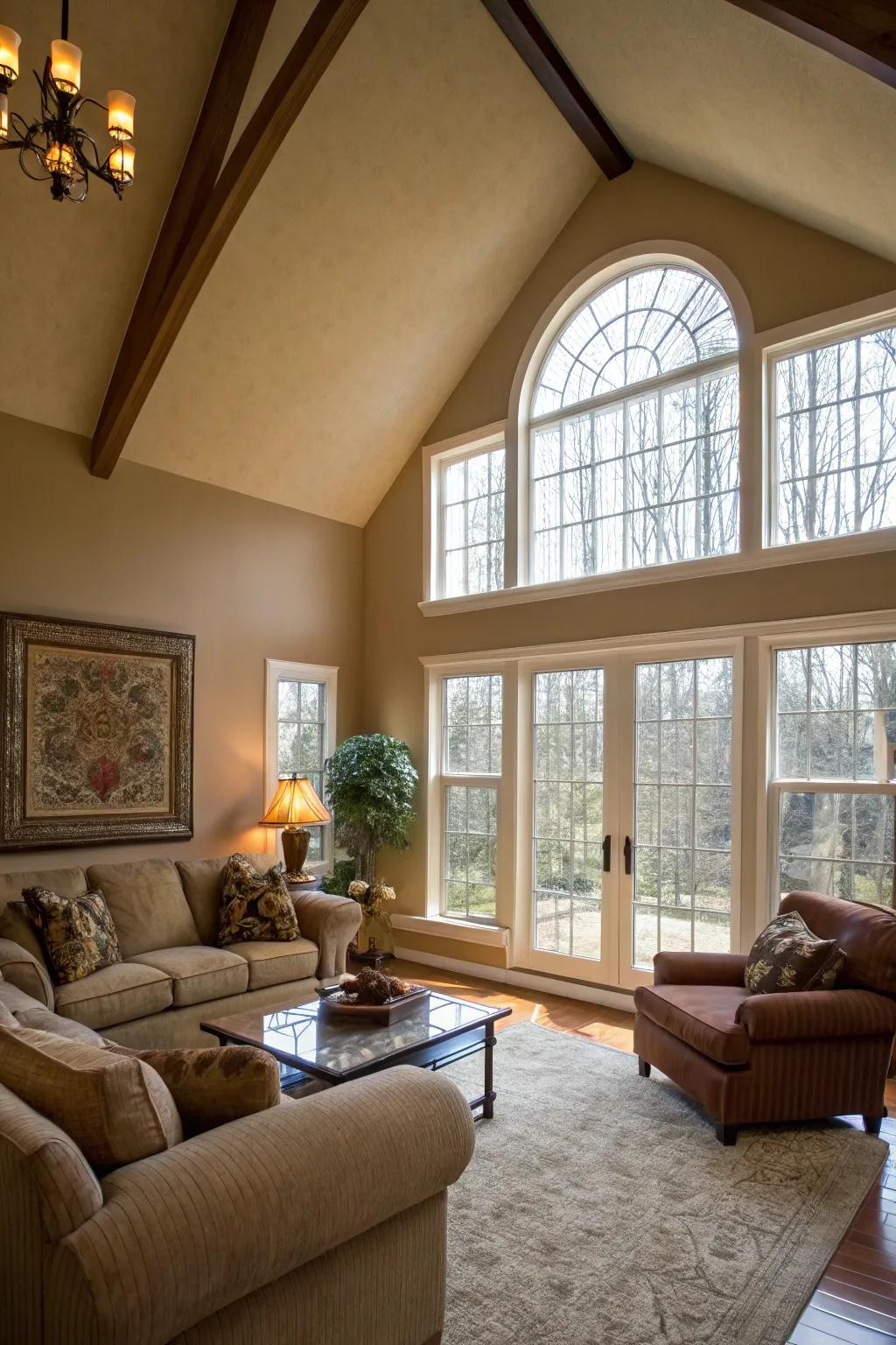 Living room featuring a vaulted ceiling and grand windows highlighting the accent wall