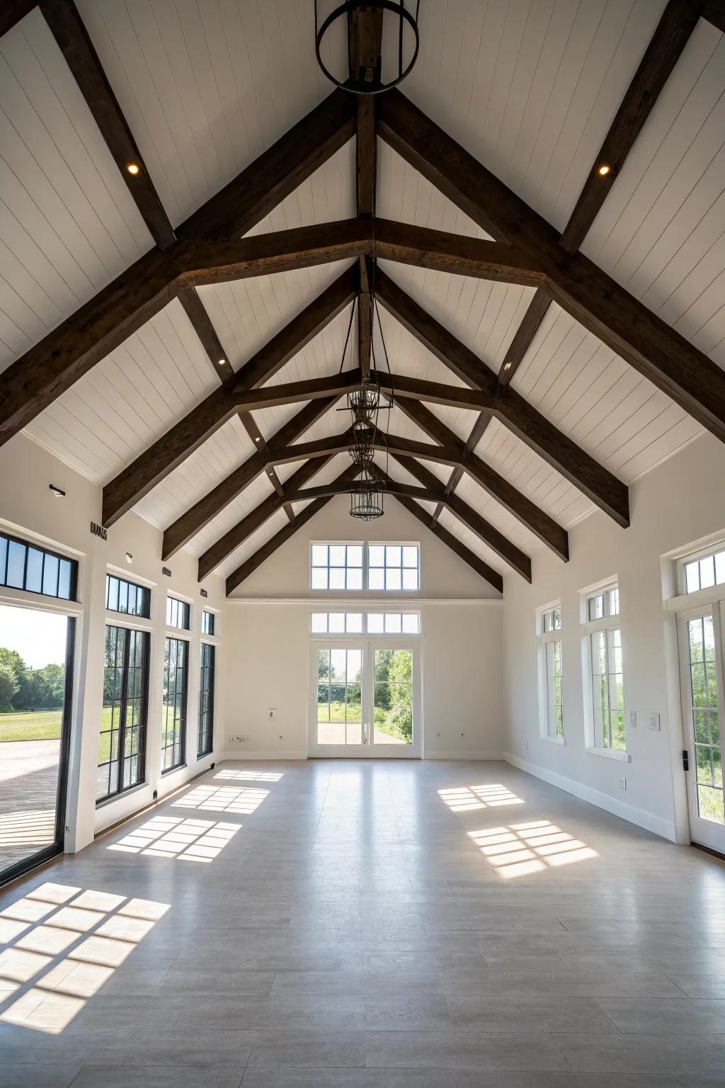 Dynamic contrast with dark beams creating a striking focal point.