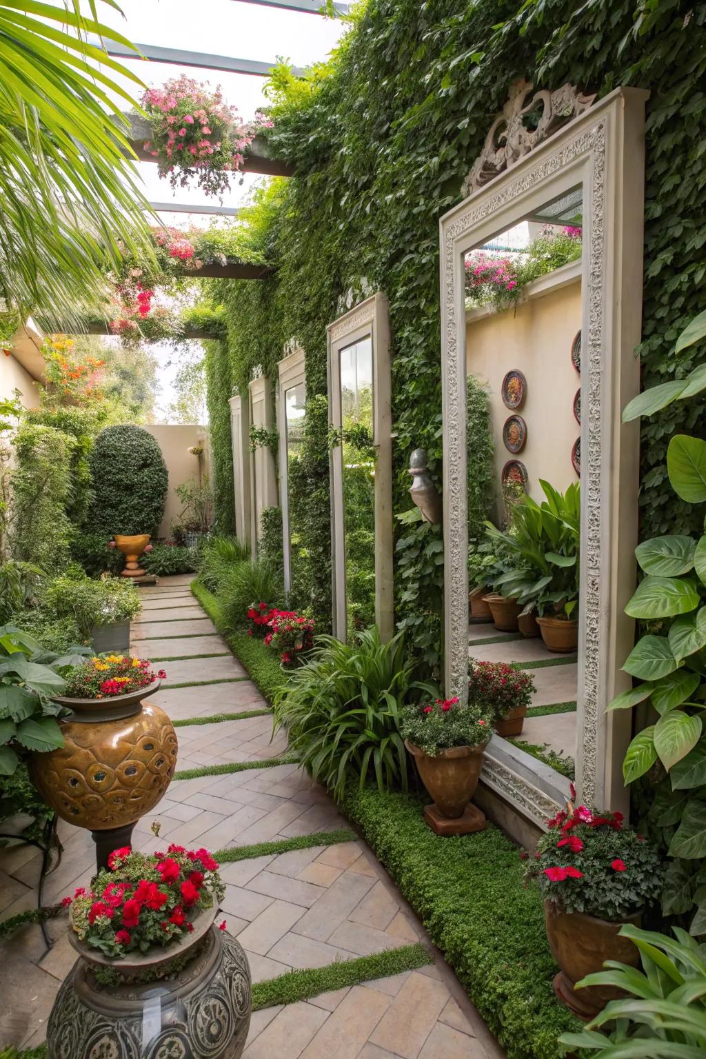 Mirrors and artwork infusing depth into an upright garden.