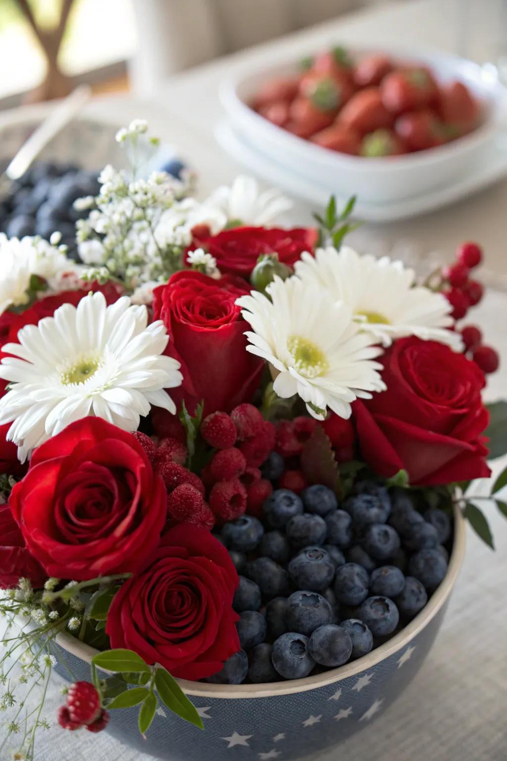 An edible centerpiece showcasing berries and blooms.