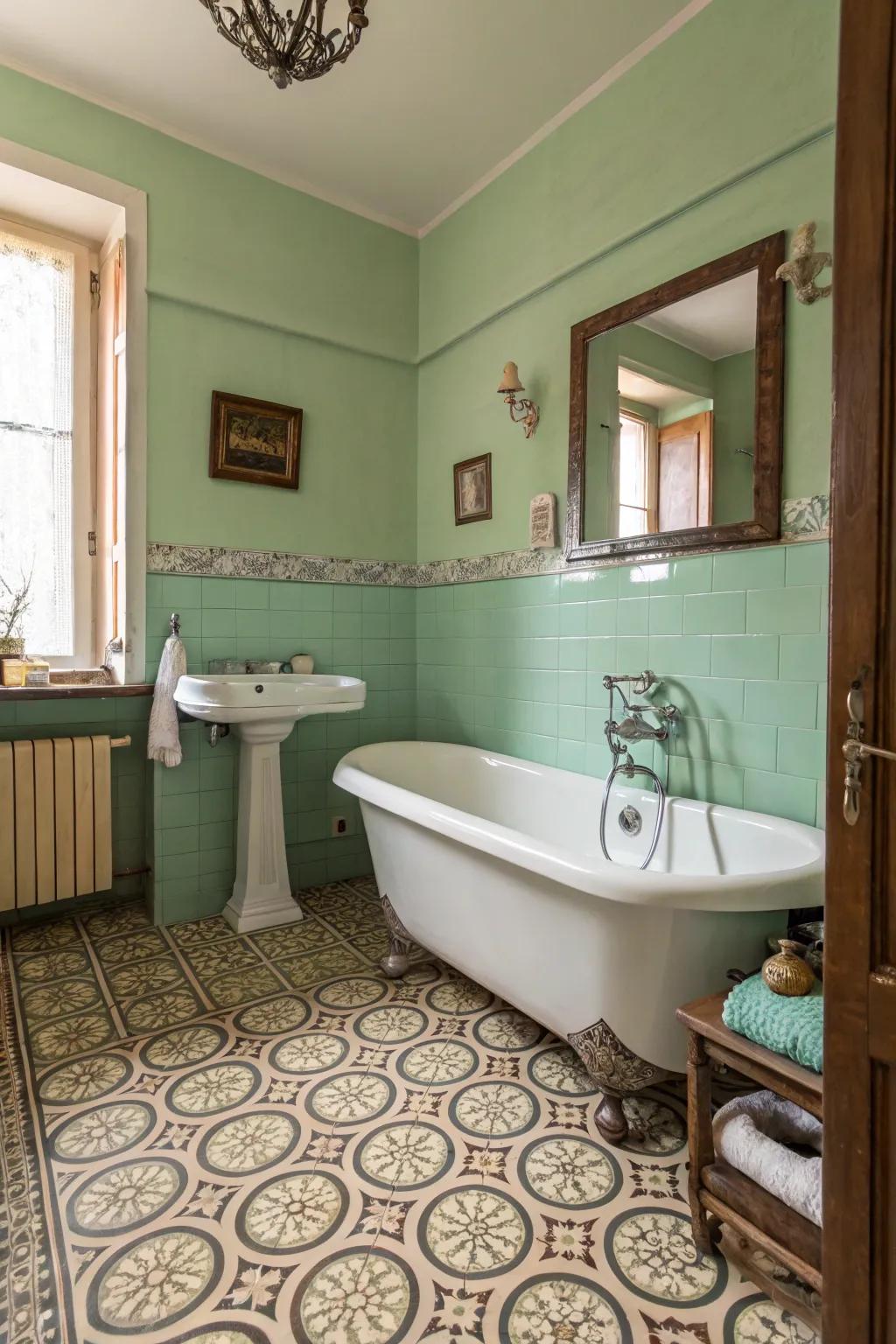 Verdant and pastel tones establish a soothing vintage bathroom palette.