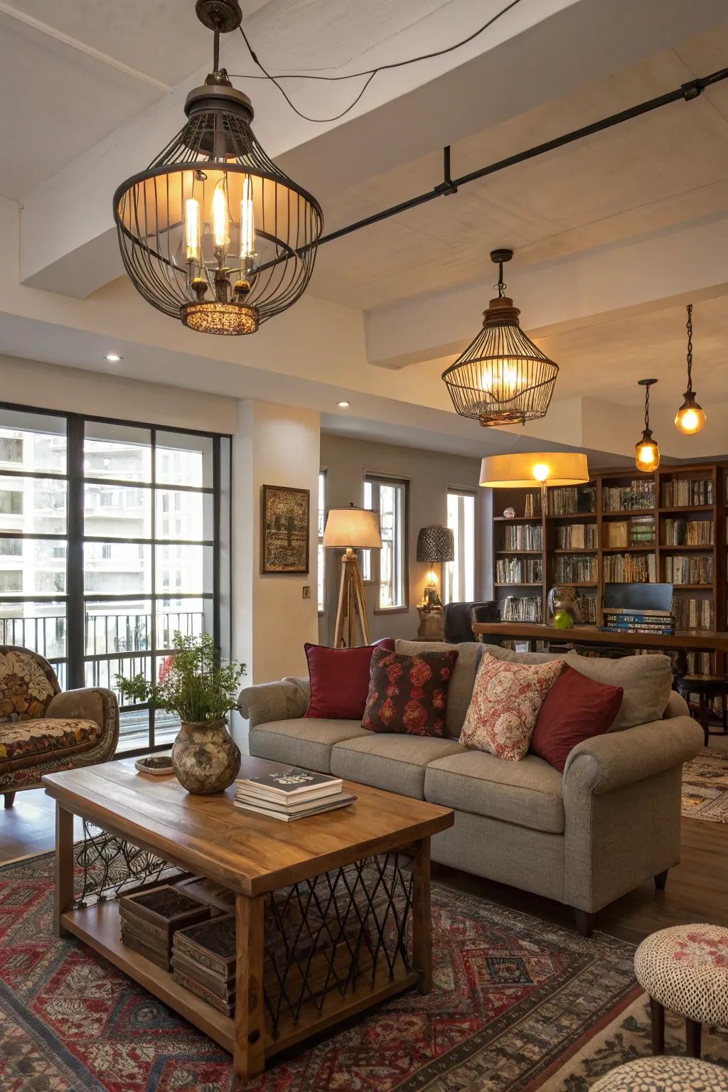 Lighting with old and new designs boosts the room's atmosphere.