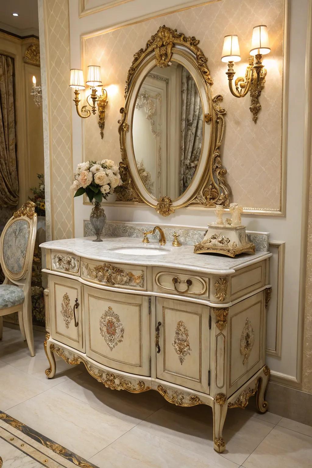 Victorian and French influences add a regal touch to vintage vanities.