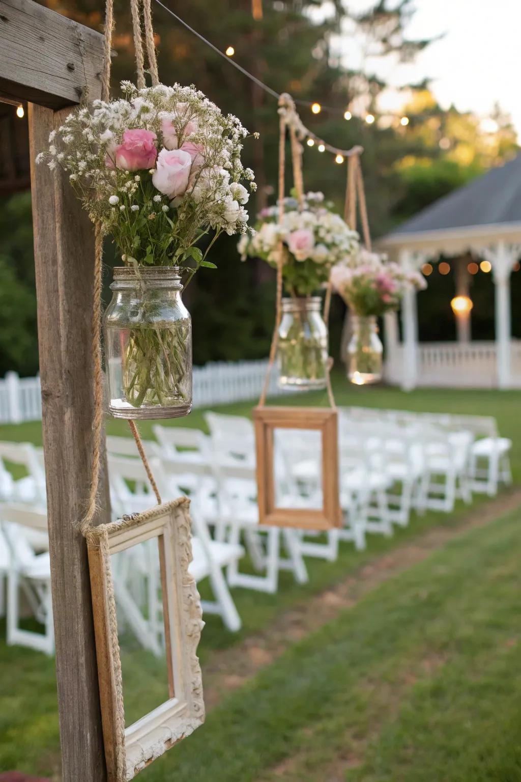Floral arrangements showcased in suspended preserving jars at an outdoor wedding.