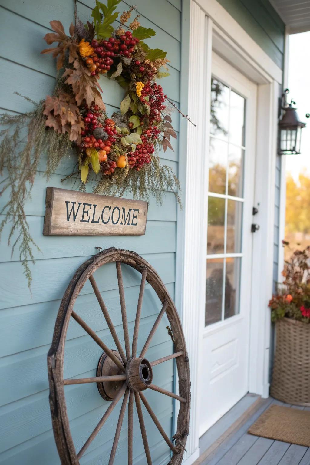 A cartwheel also serves as a charming greeting sign with a wreath.