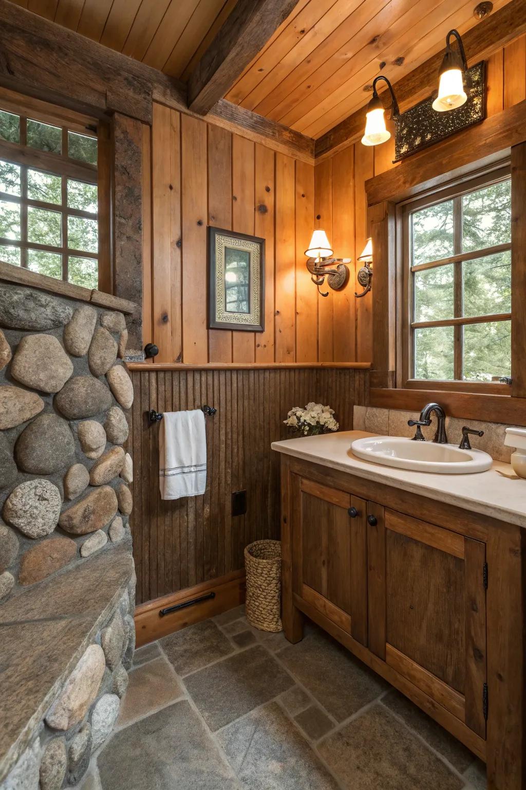 Wooden wainscoting converts your bathroom into a rustic hideaway.