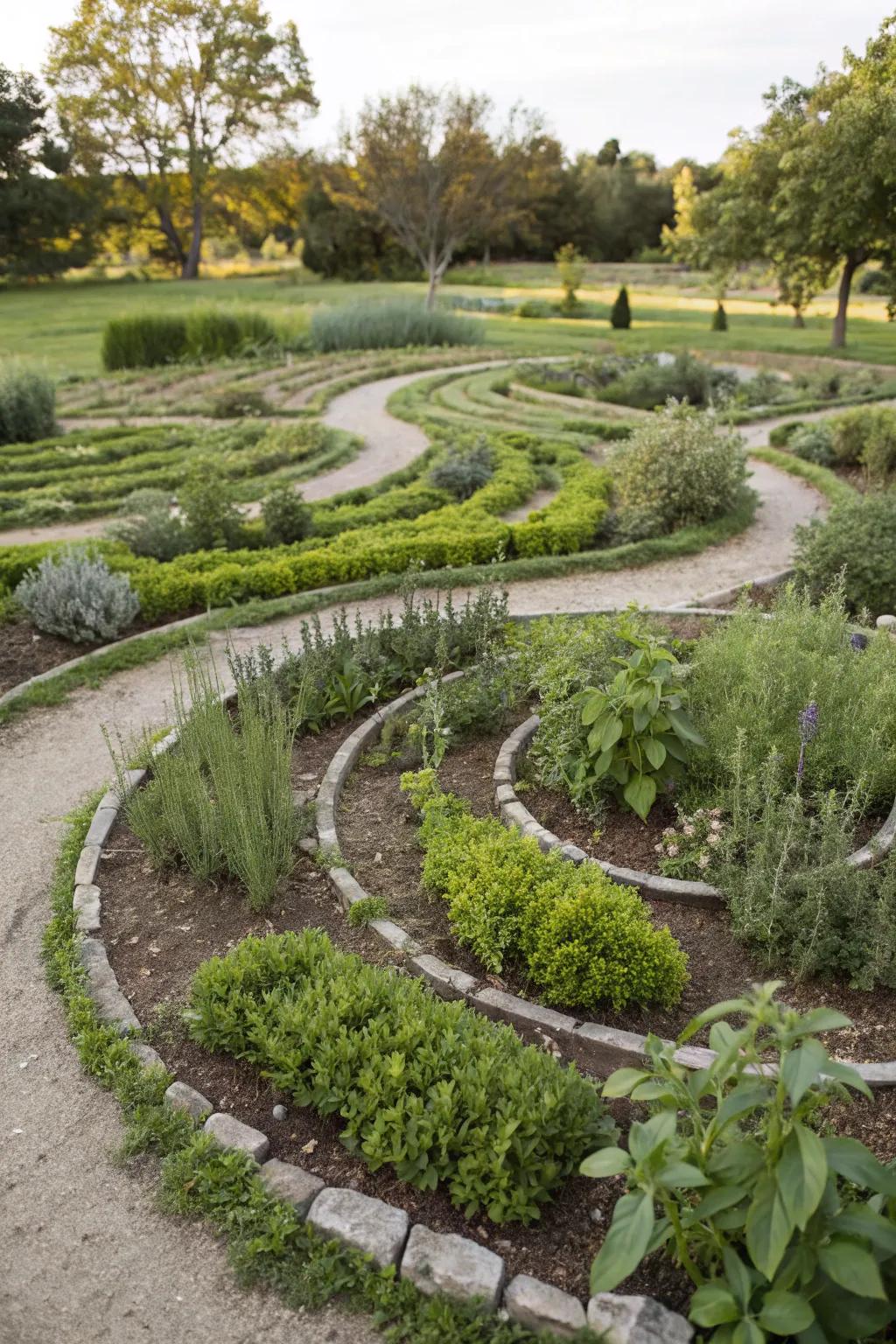 A coiled spice garden labyrinth extends both meditation and nascent spices.