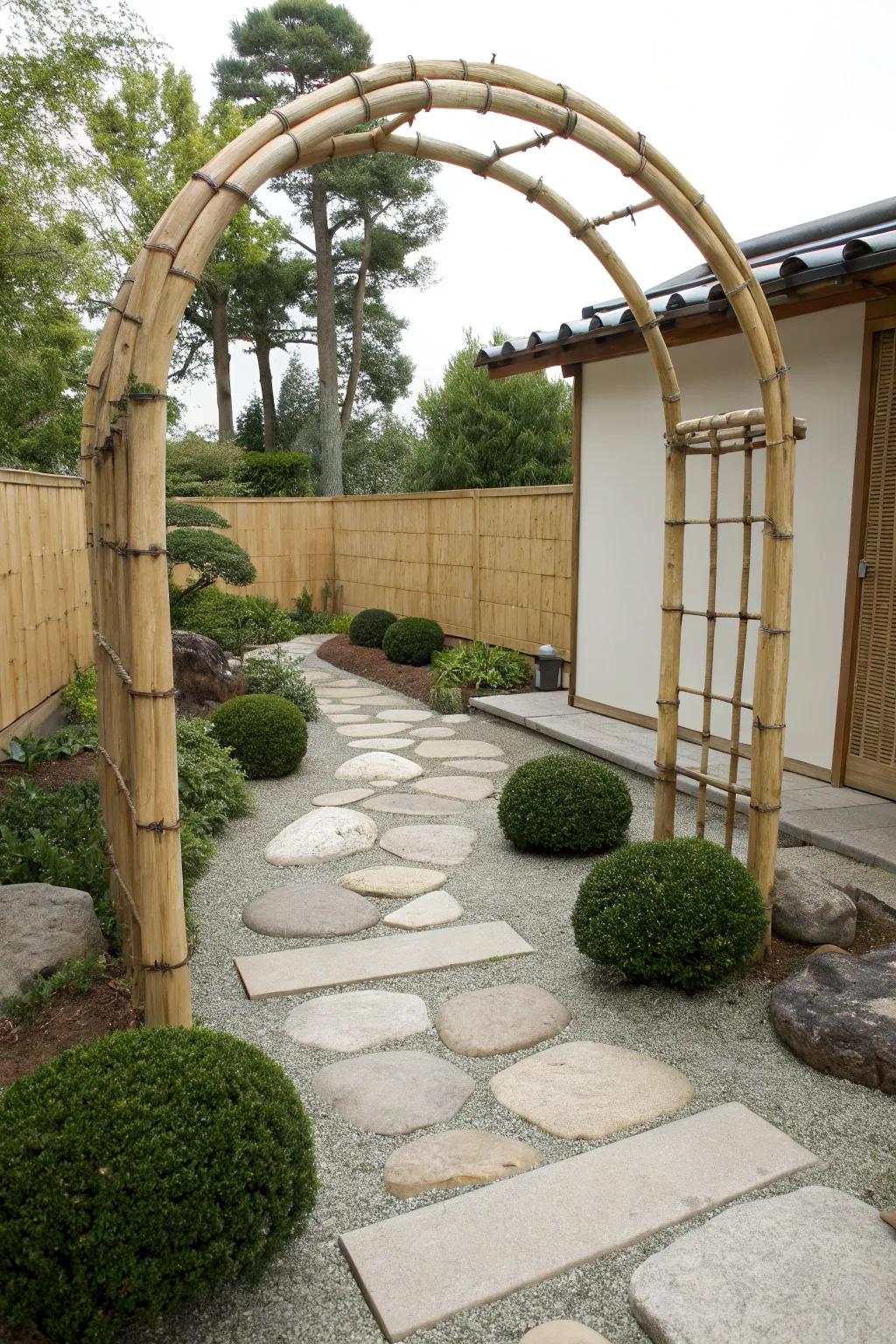 Bamboo arches contribute an exotic, zen-like essence to garden expanses.