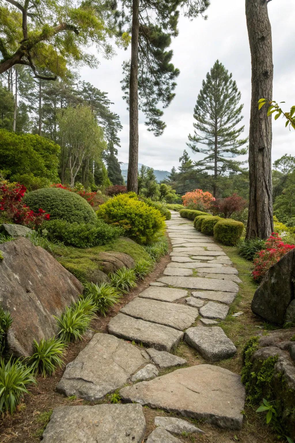 Raw stone paths provide natural sophistication and enduring beauty.