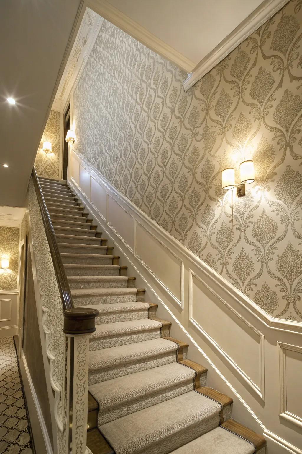 Wall covering is a simple avenue for integrating personality into your stairway wall.