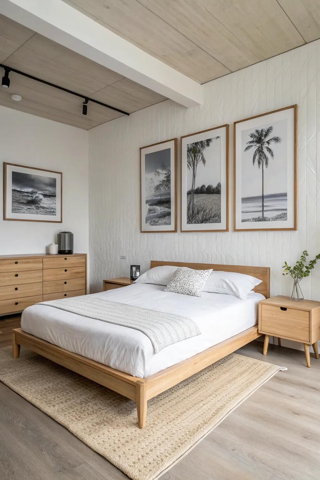 Simple art makes a peaceful and planned bedroom.