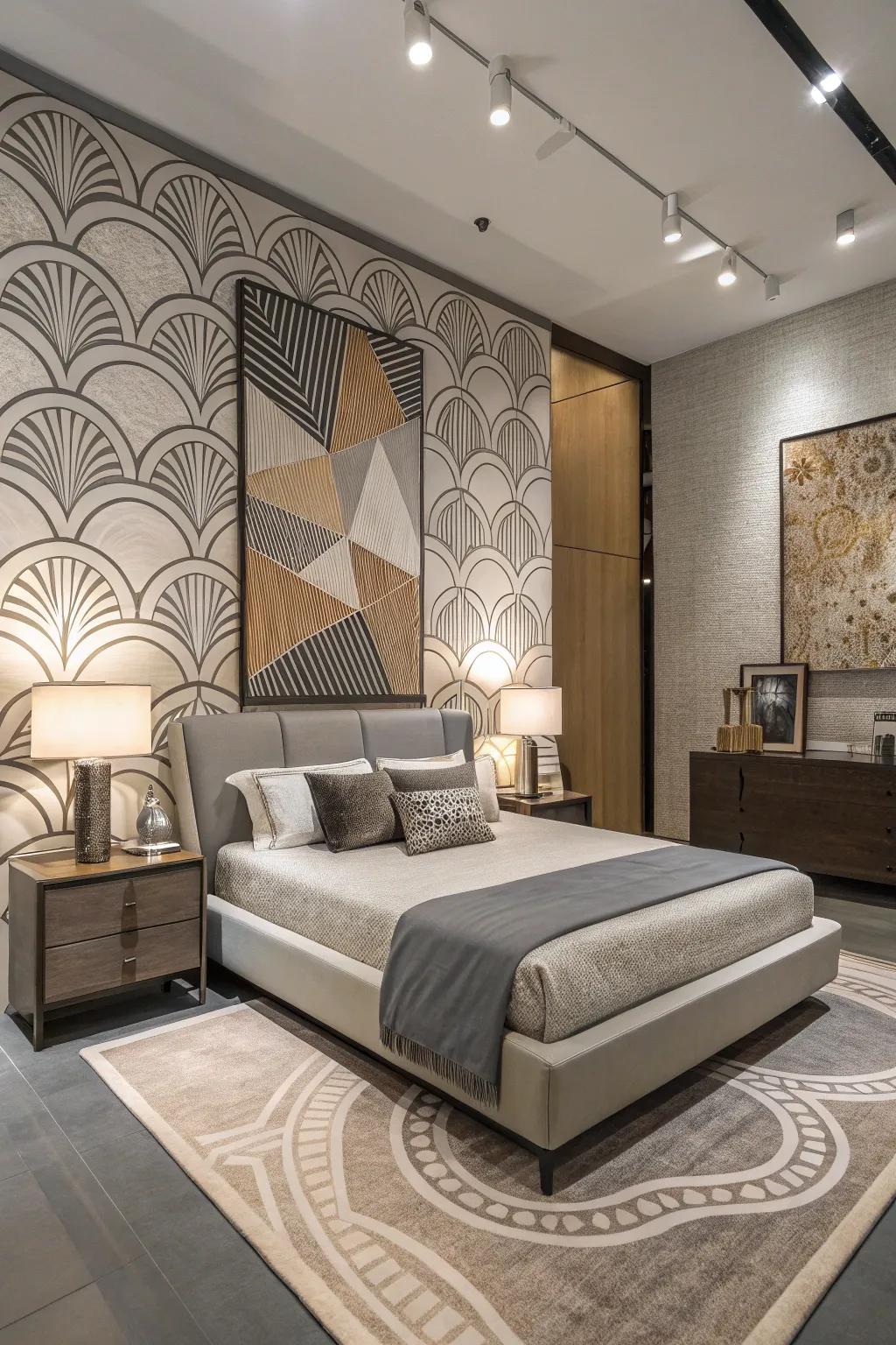 Nonrepresentational appliqués introduce a contemporary nuance to this stylish bedroom.
