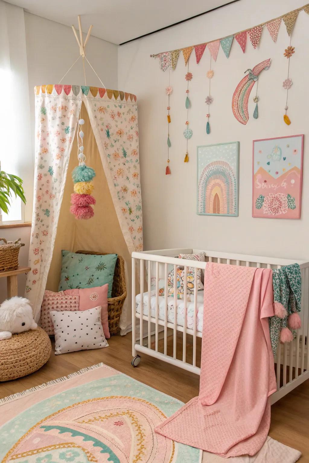 Draped fabric softens and brightens a room.