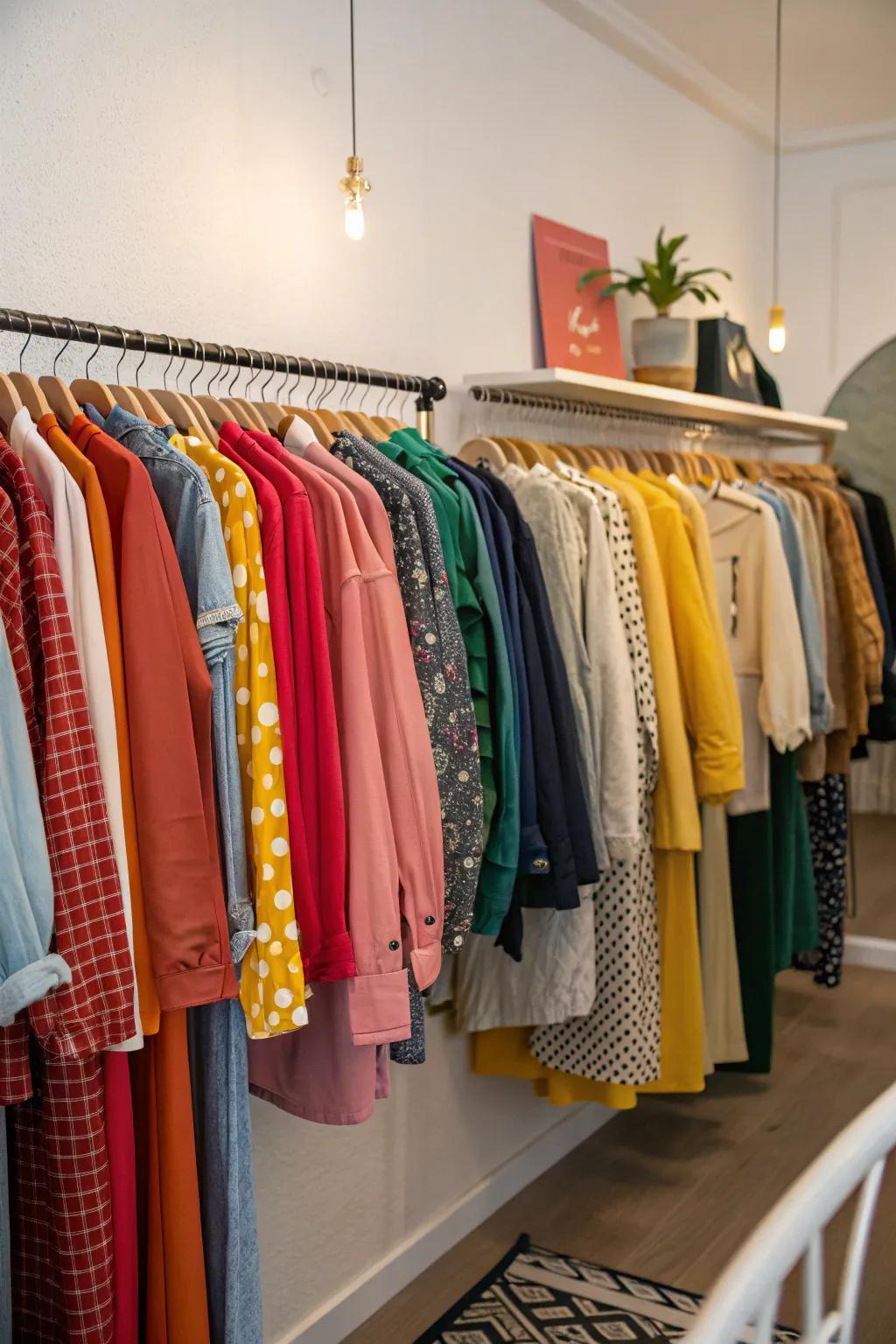A wall-mounted clothing rack showcasing a neat and colorful display.