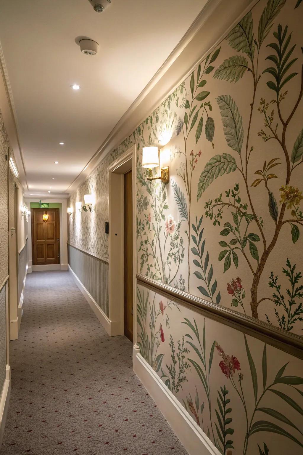 A hallway that welcomes with a nature-inspired wallpaper edging.