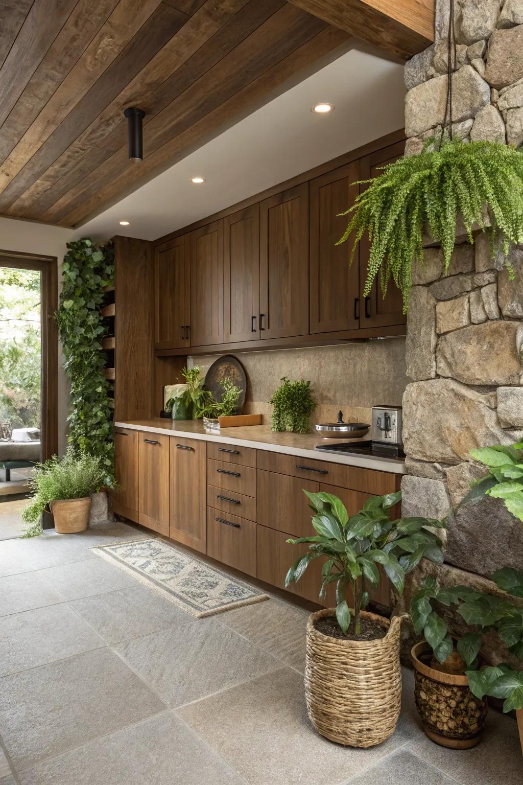 Natural elements complement the warmth of hickory cabinets.