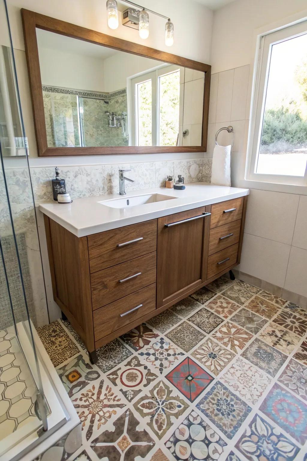Imbue your bathroom with character utilizing unique tile configurations.