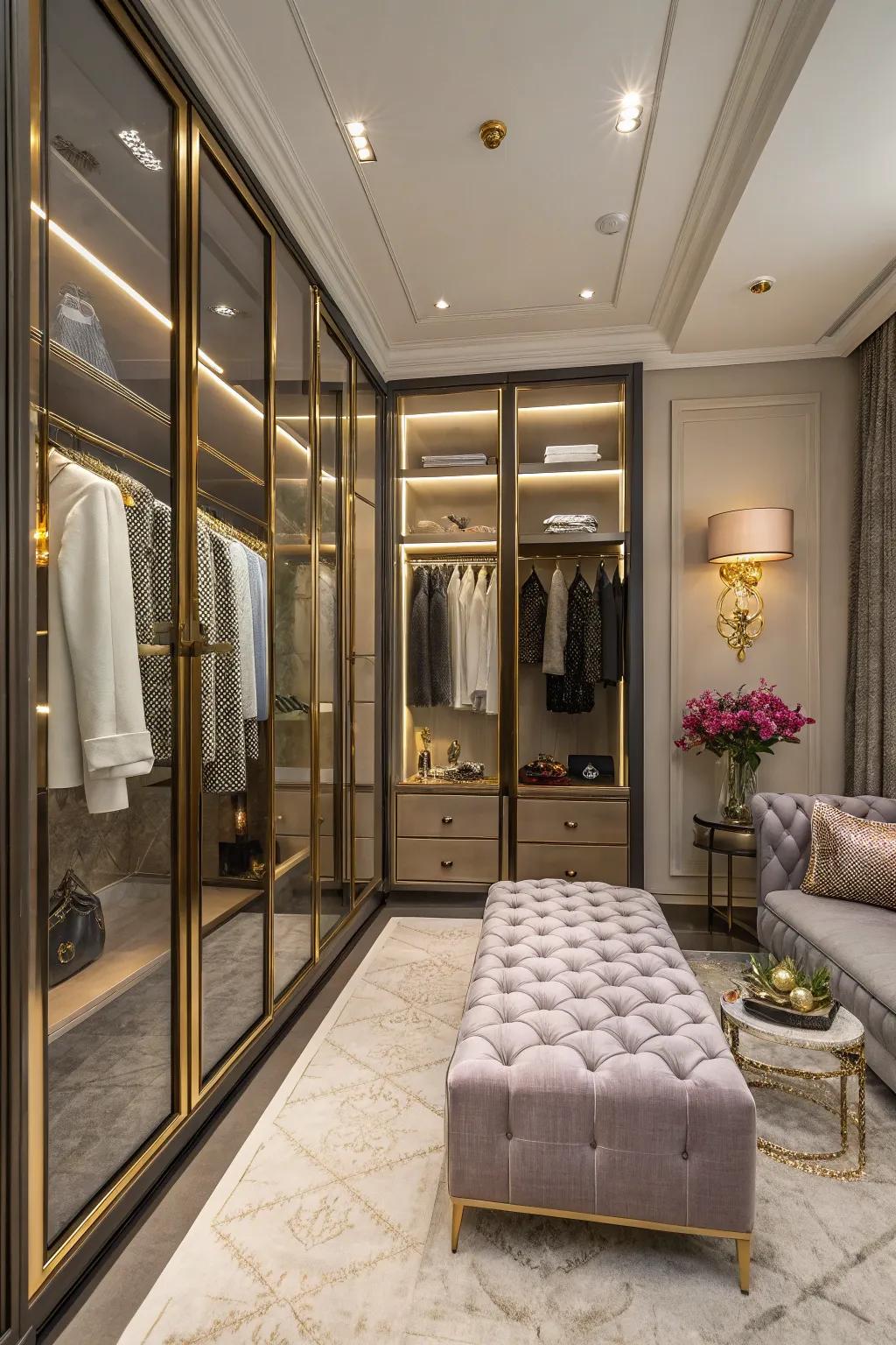 Opulent seating elevates the closet experience, merging style and comfort.