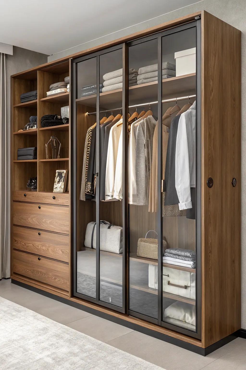 A wardrobe featuring a blend of materials for a modern look.