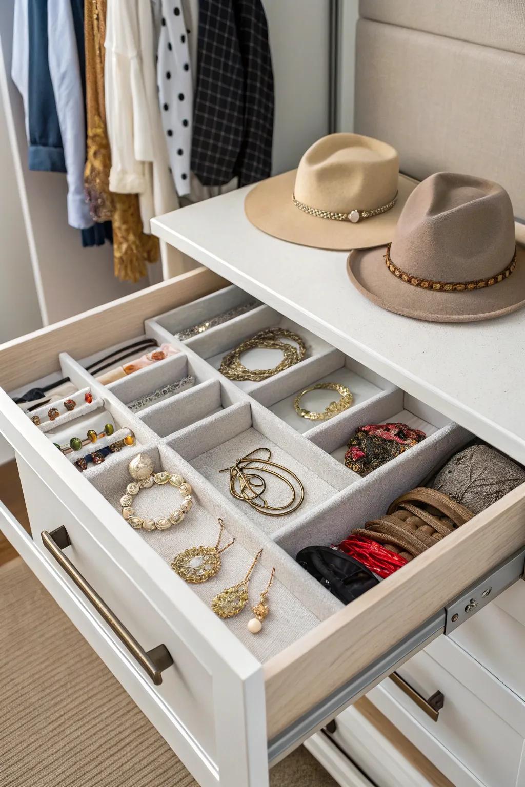 Drawers provide structured storage for essential wardrobe items.