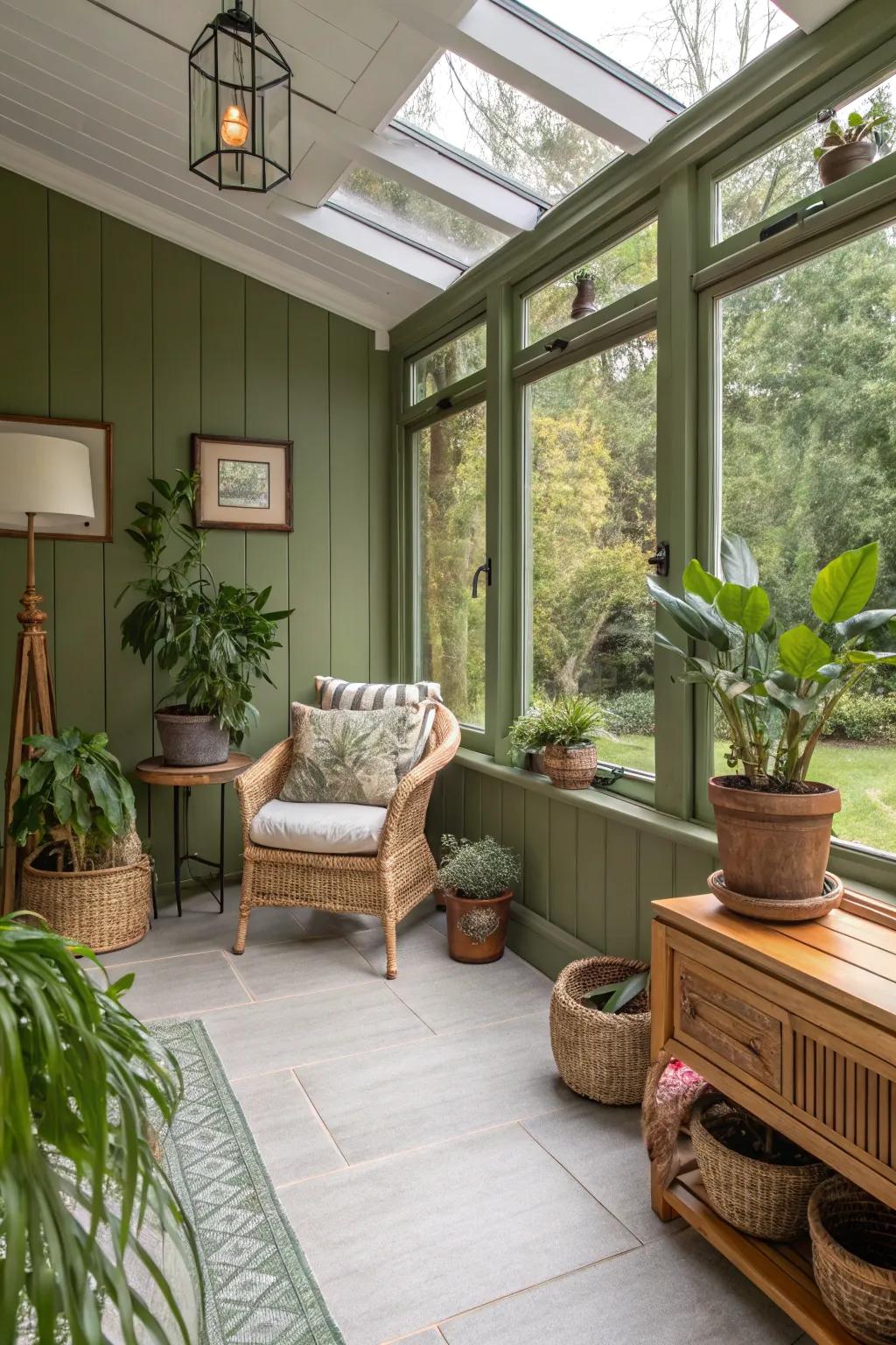 Sunroom painted in rich olive green, providing a cozy nature-inspired retreat.
