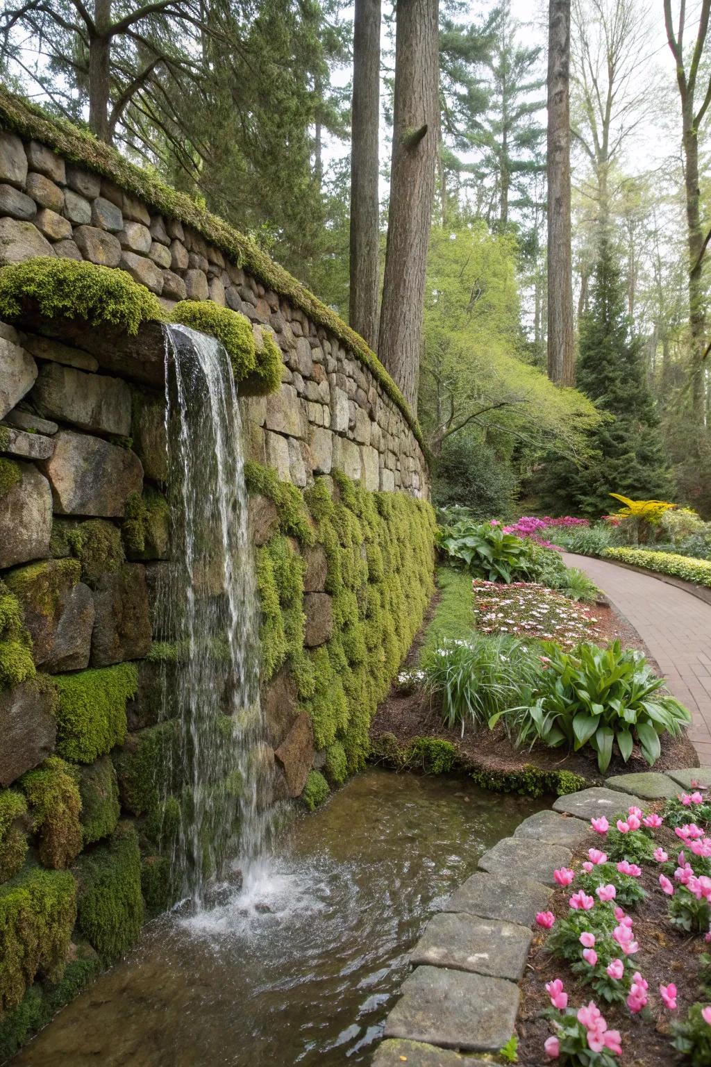 An impactful garden waterfall utilizing a decorative stone wall as its central feature.