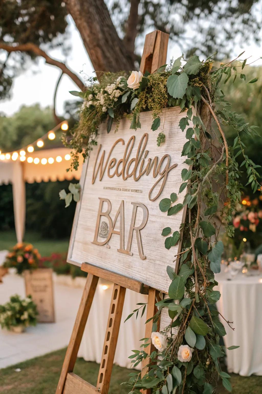 A bar sign with organic-inspired designs for an outdoor wedding.