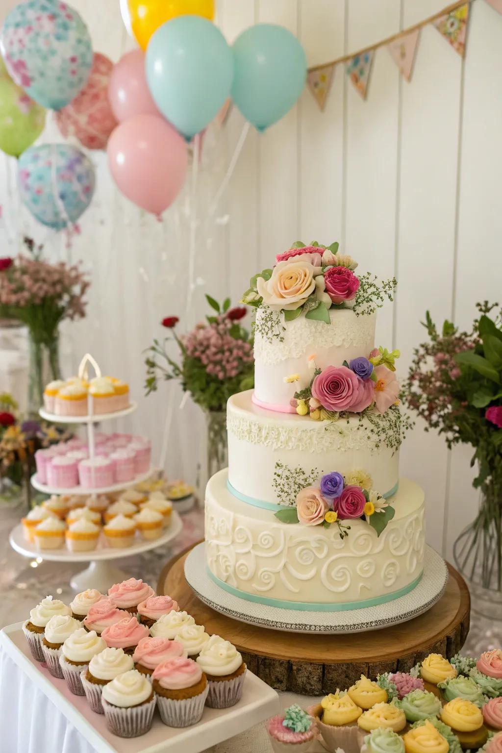 A wedding cake complemented by a variety of petite cakes.