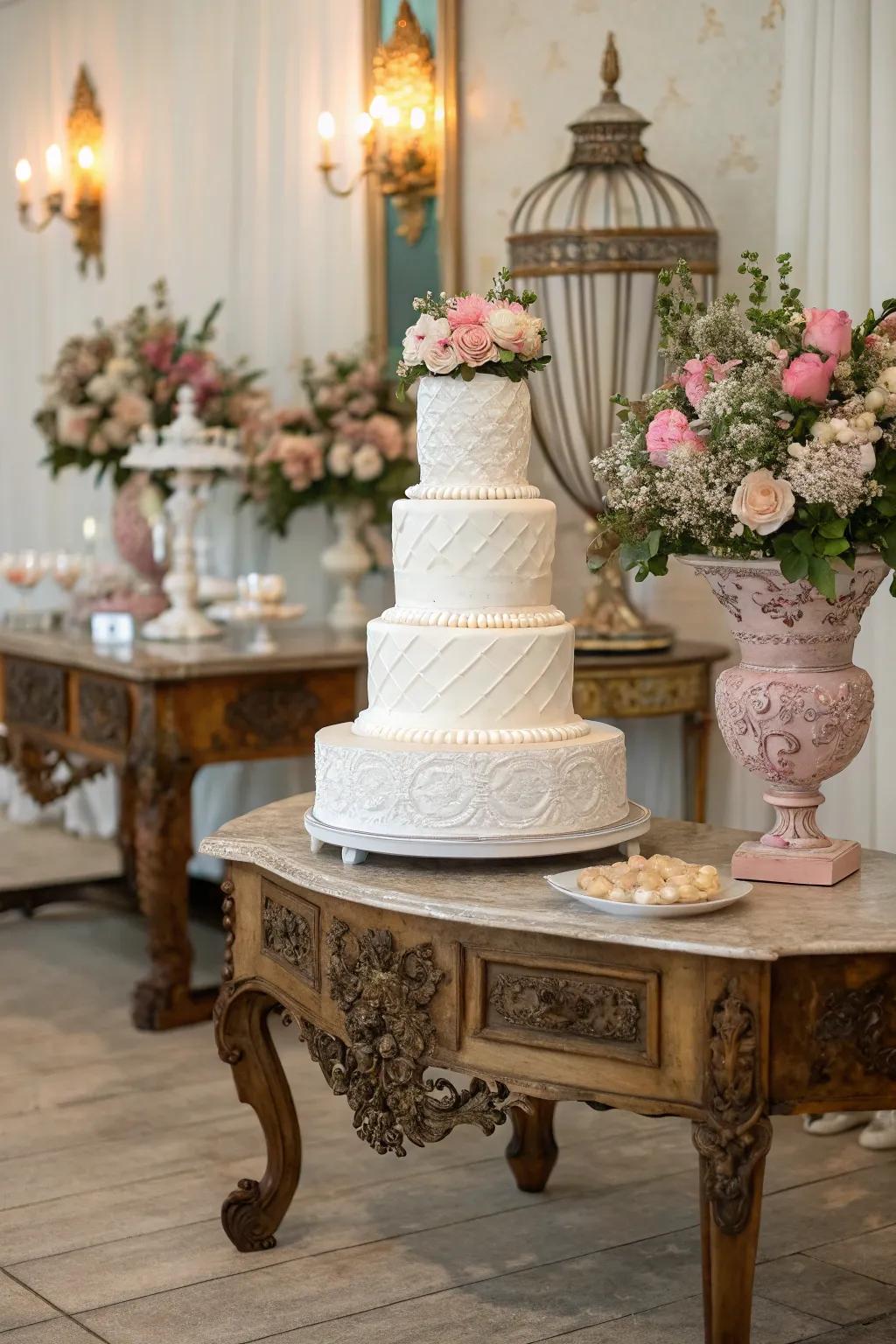 Classic furniture introduces a nostalgic sophistication to the cake presentation.
