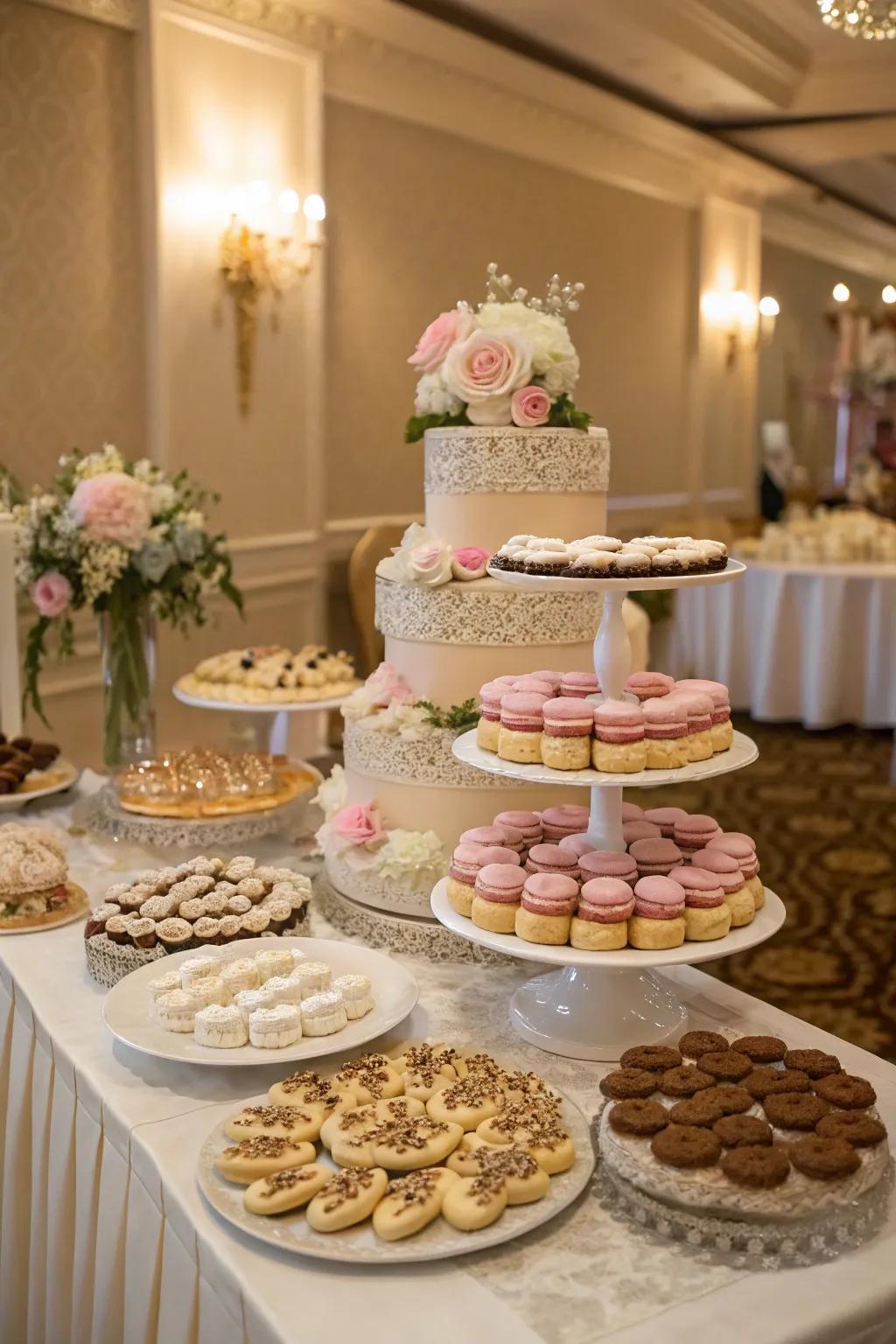 A wedding cookie arrangement with diverse elevations for an engaging presentation.