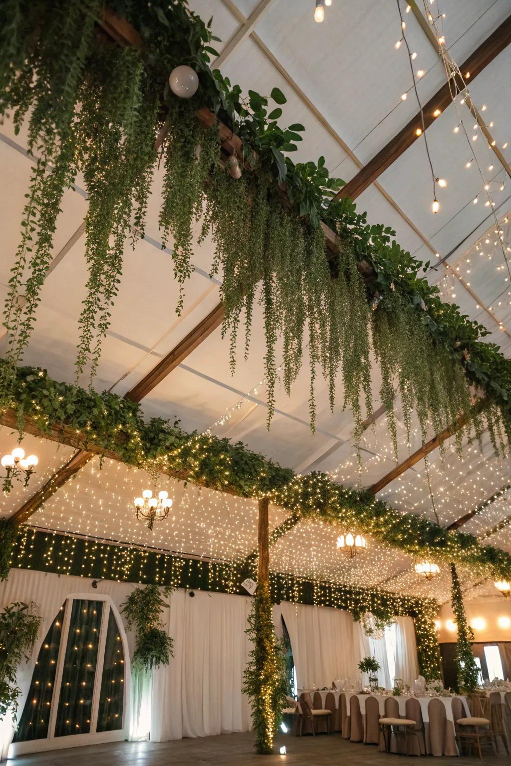 A wedding venue ceiling exquisitely adorned with suspended greenery and lights, forming an immersive atmosphere.