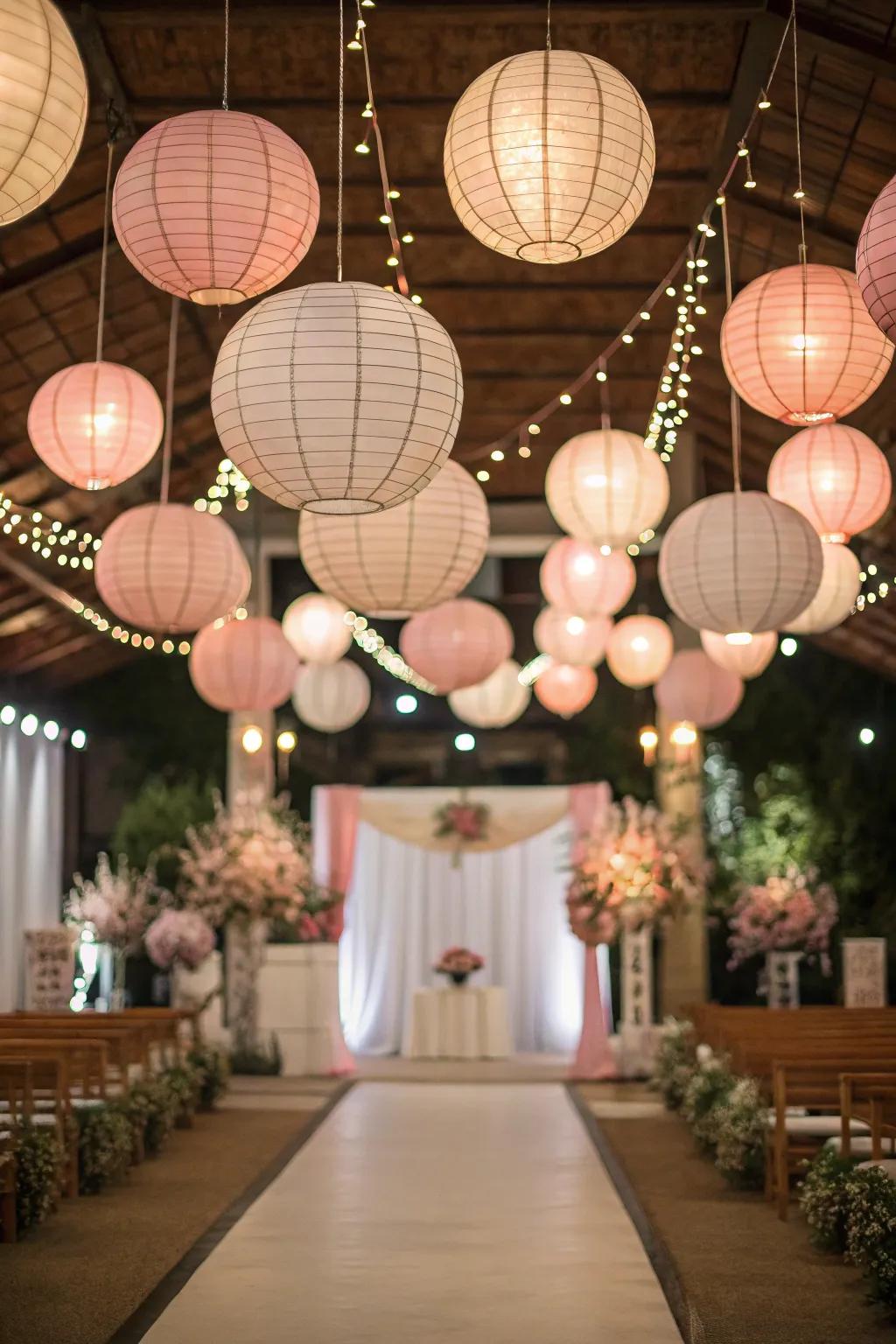 A wedding venue embellished with playful sky orbs, introducing a cheerful element.