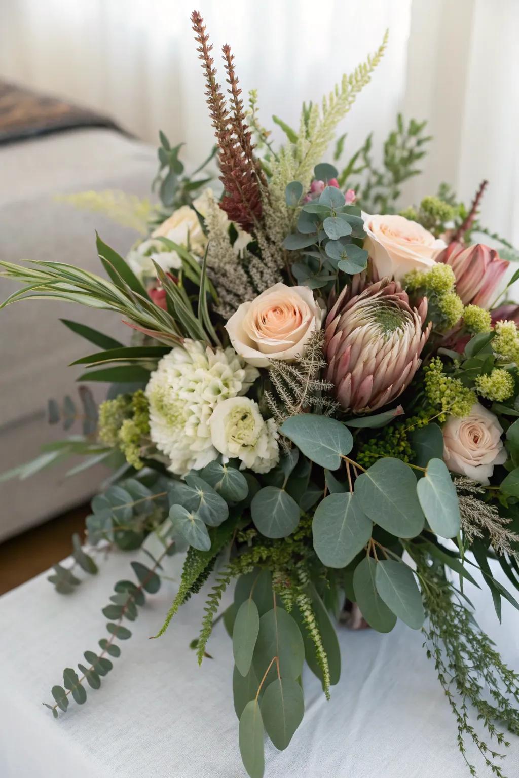 A textured floral arrangement featuring greenery and foliage, adding depth and richness to the wedding decor.