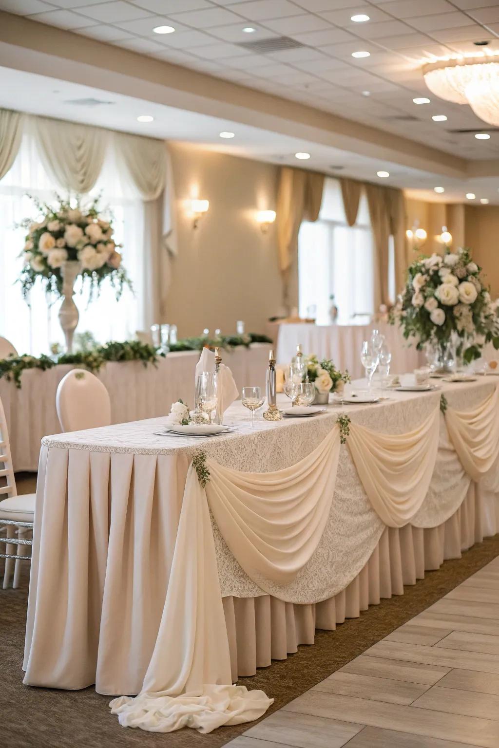 Delicate fiber draping appending refinement to the head table.