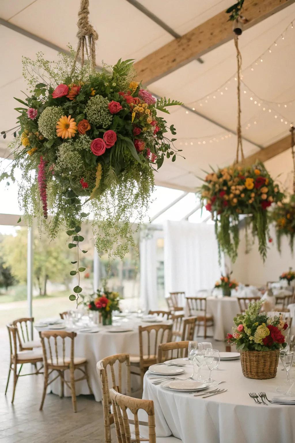 Suspended centerpieces fashion a striking and unforeseen focal attraction.