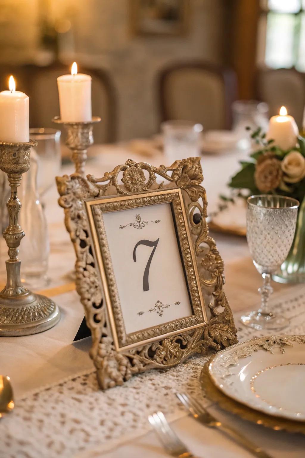 Seasoned frames impart a nostalgic allure to your wedding tables.