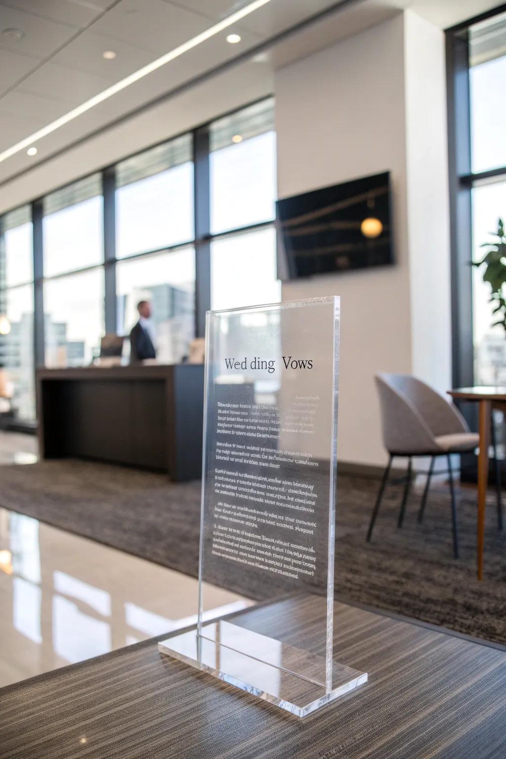 Sleek crystal vow display adding a modern touch to an office.