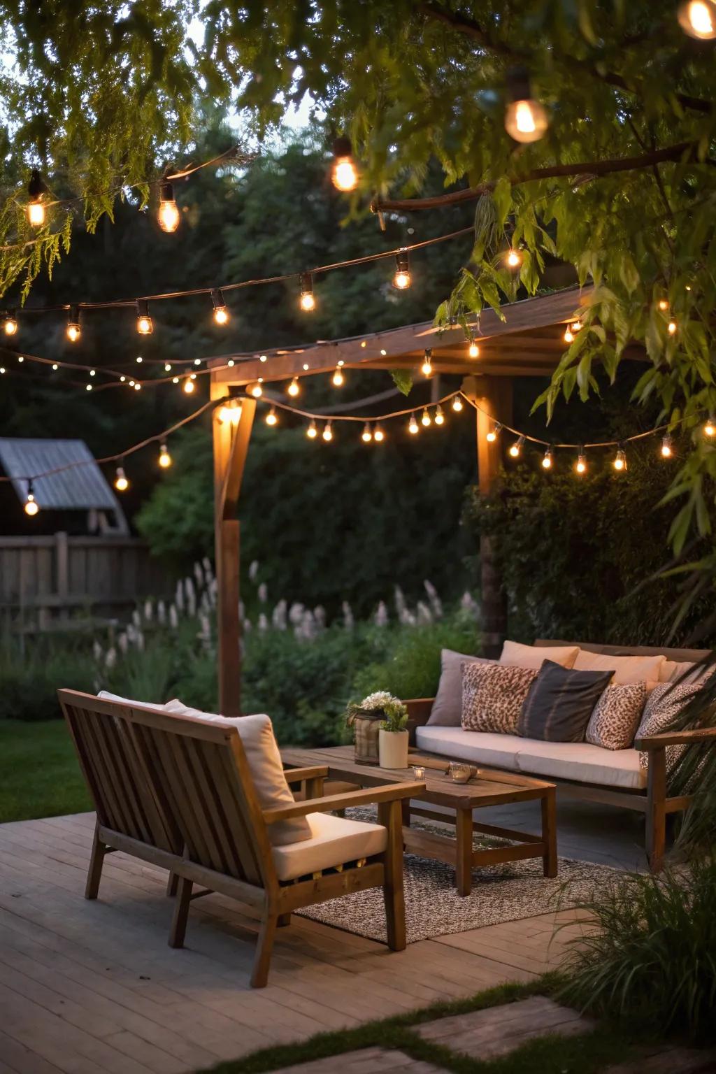 Dangling illumination contributes a toasty, welcoming radiance to the patio.