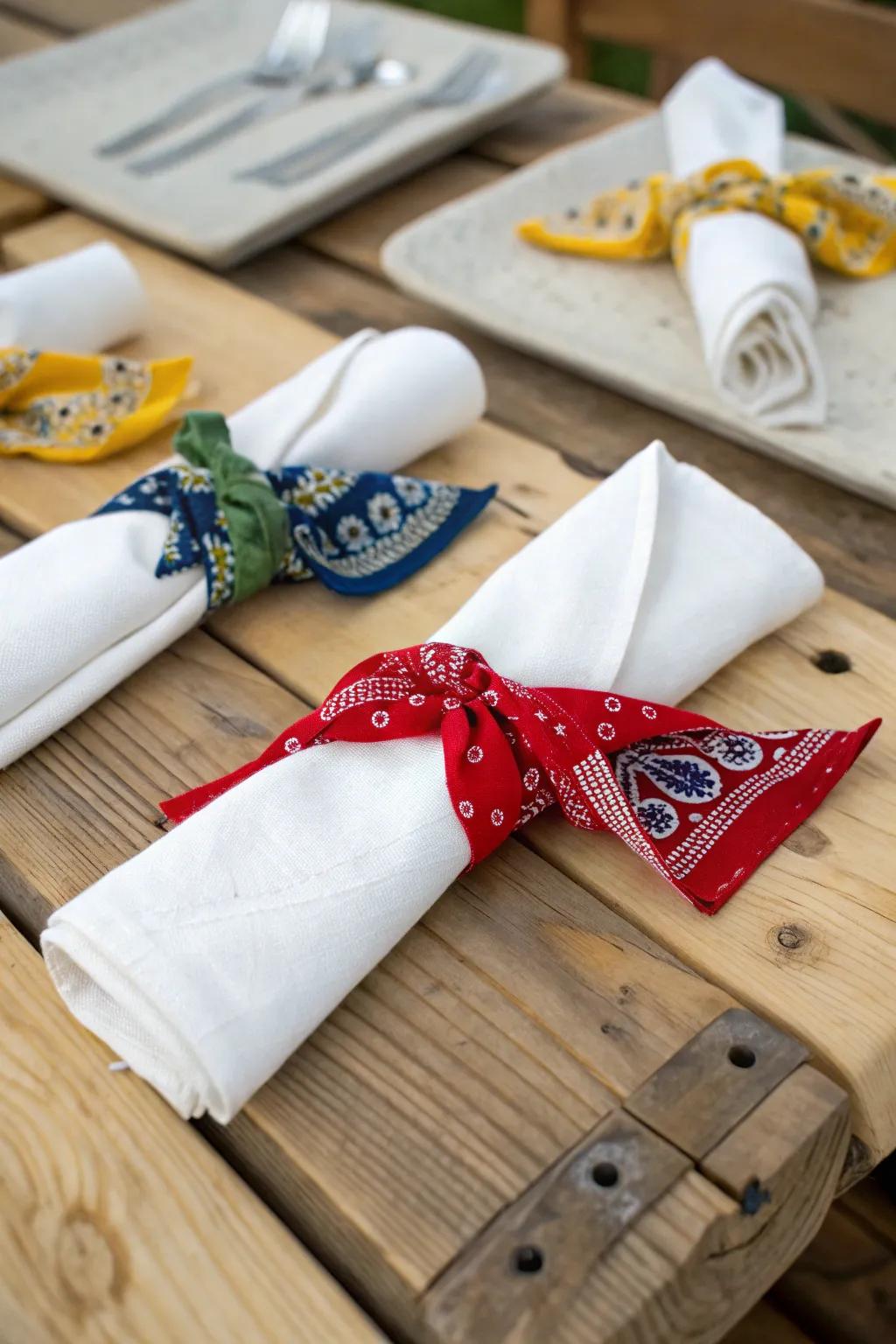Kerchief napkin rings add a playful touch to table settings.
