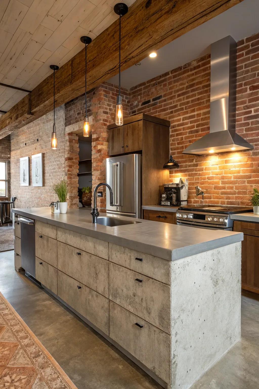Concrete countertops provide industrial sophistication with adaptable elegance.