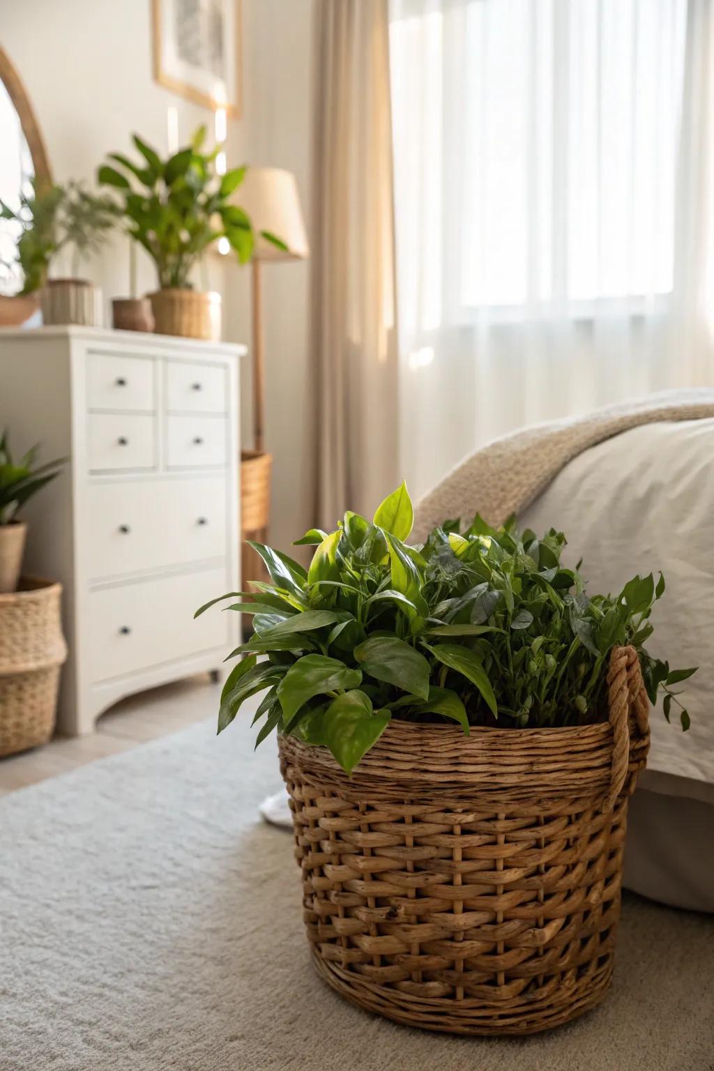 A basket plant holder contributes a natural and invigorating touch to your bedroom.