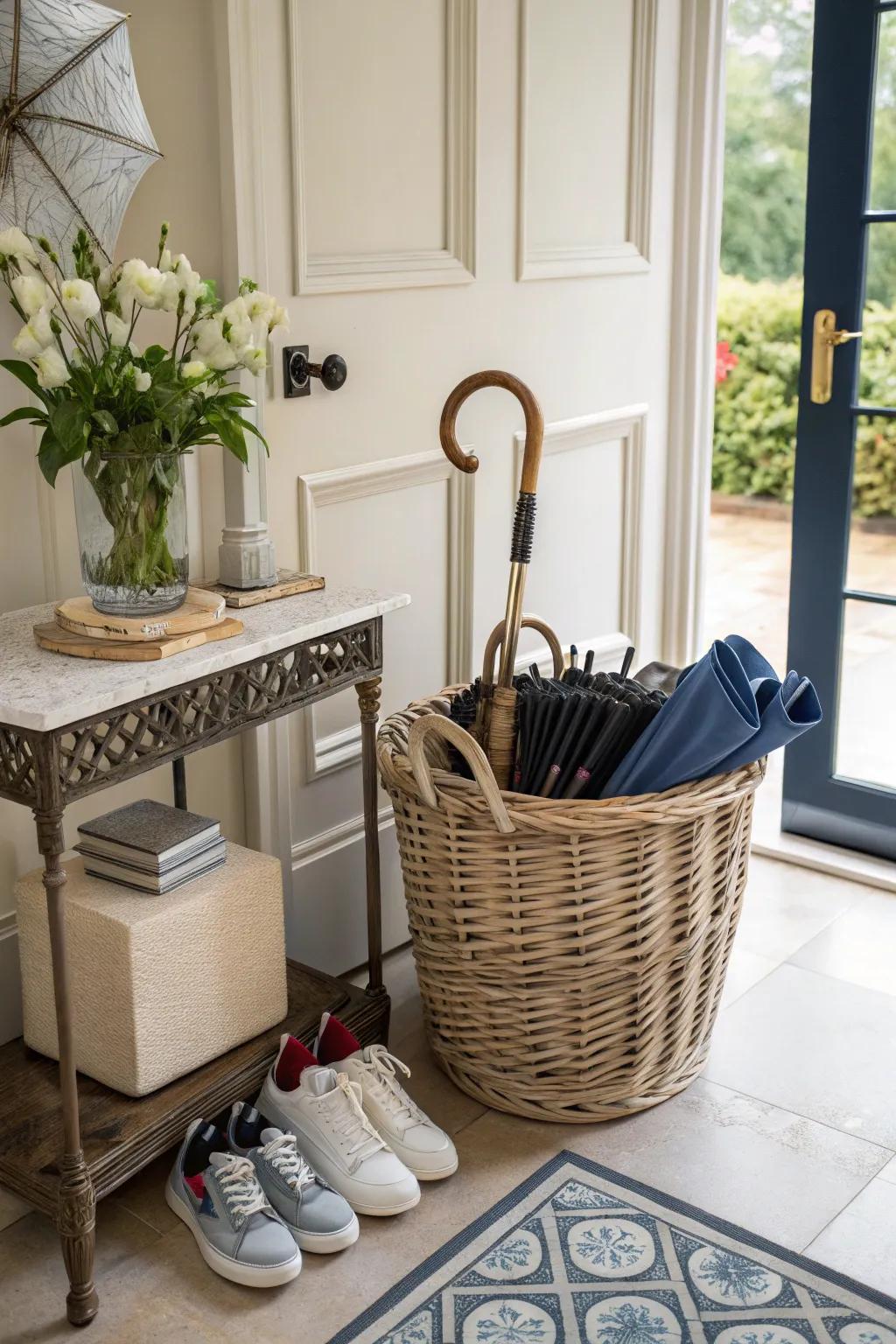A basket sustains entrance hall necessities in an organized and promptly accessible fashion.