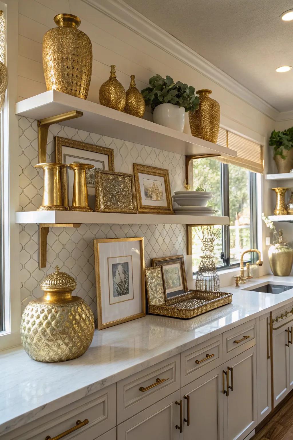 Gilded decorative components personalize and elevate the kitchen space.