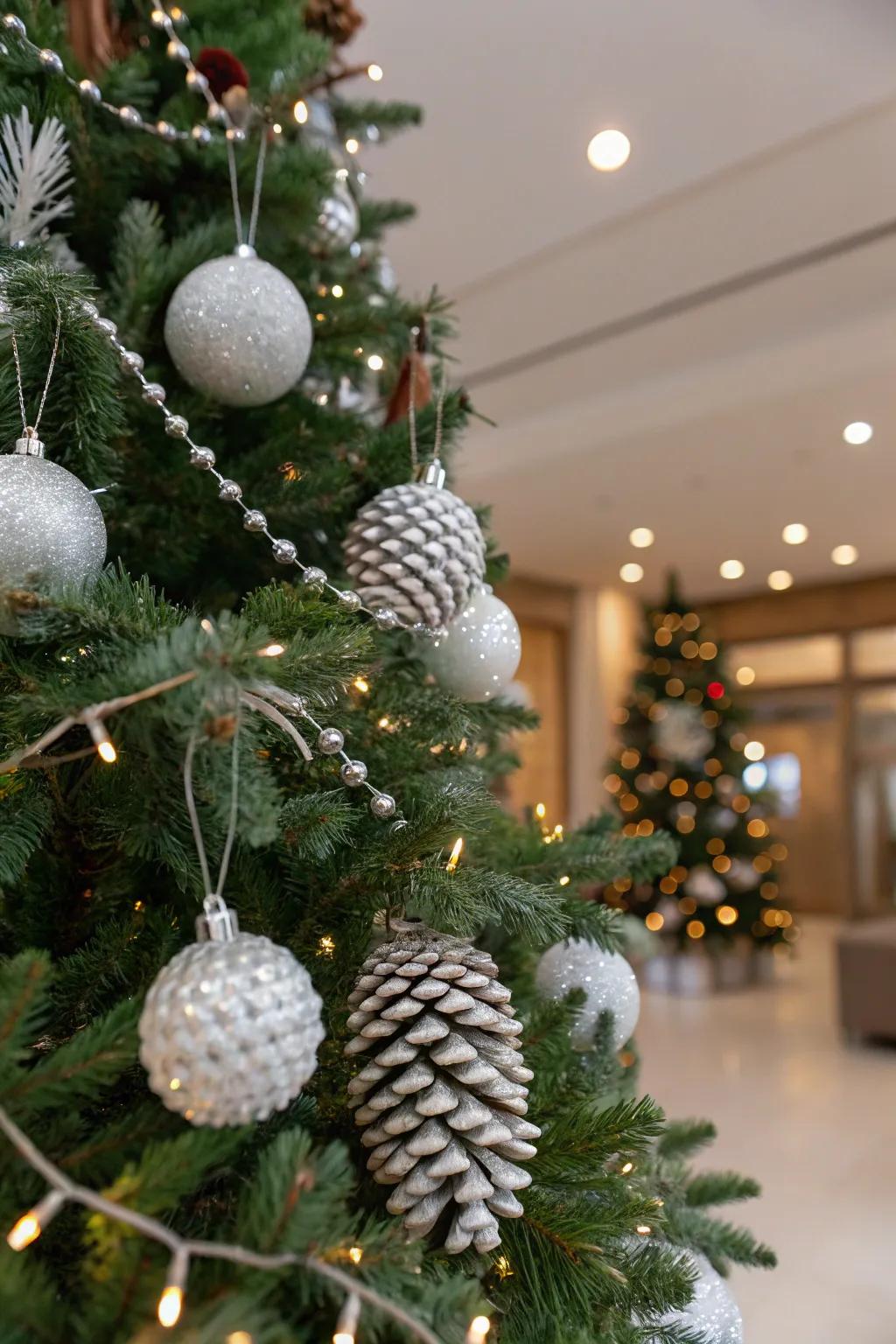 Natural pinecones, dusted with white, evoke a rustic appeal.